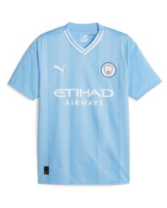 Puma have launched the latest Manchester City football shirts for football season 2023-24. Here we have the home top which is in the traditional sky blue colours with a v-neck collar.